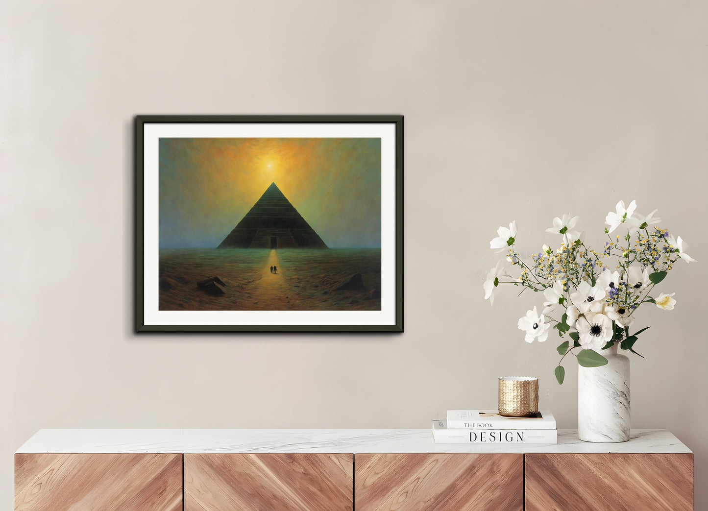 Poster with metal frame: Illustration of deinforced, atmospheric, dark and mystical band illustration, Pyramid