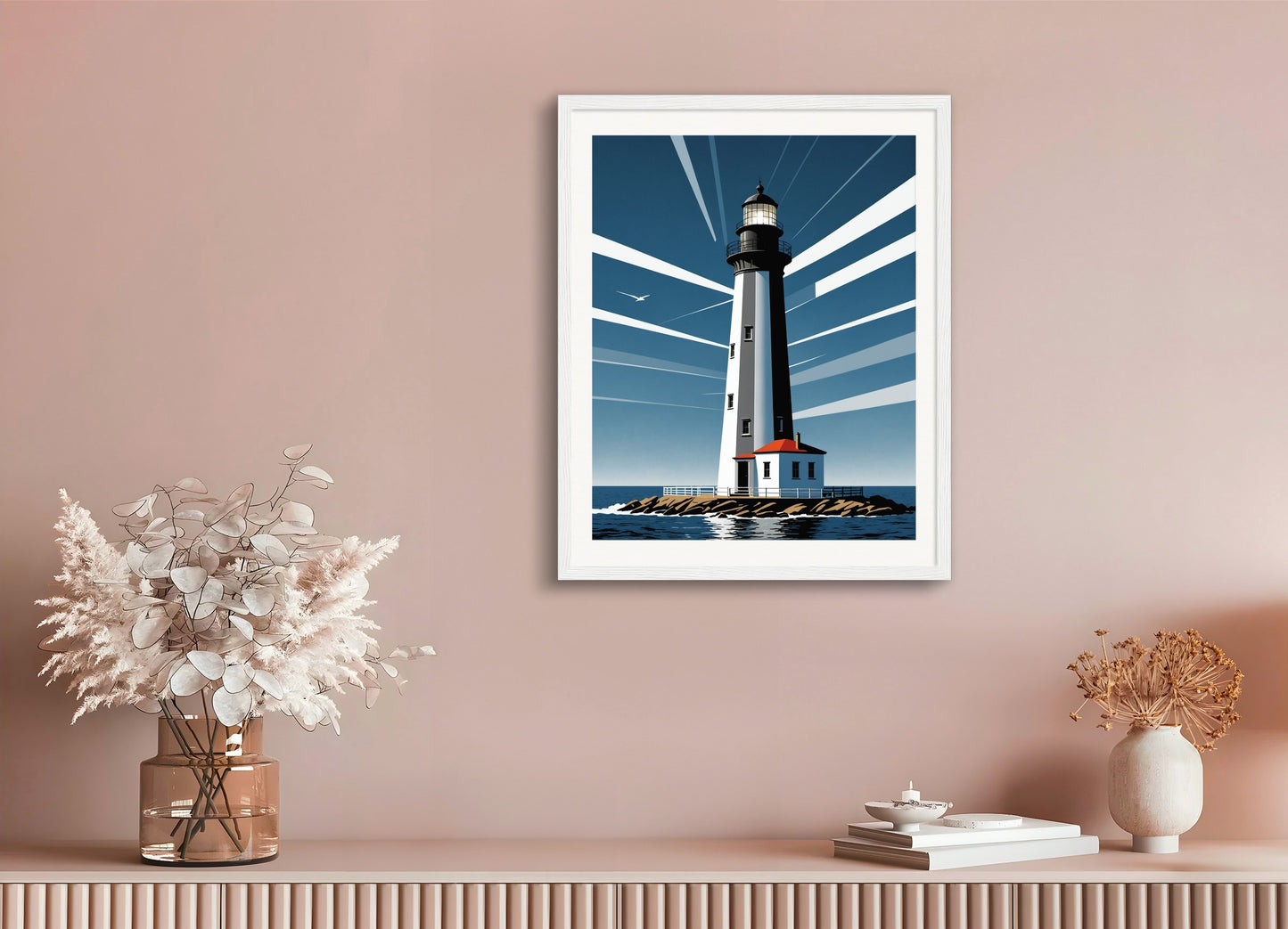 Poster with wood frame: Clean and functional style characterized by the use of geometry, restrained color palettes, Lighthouse