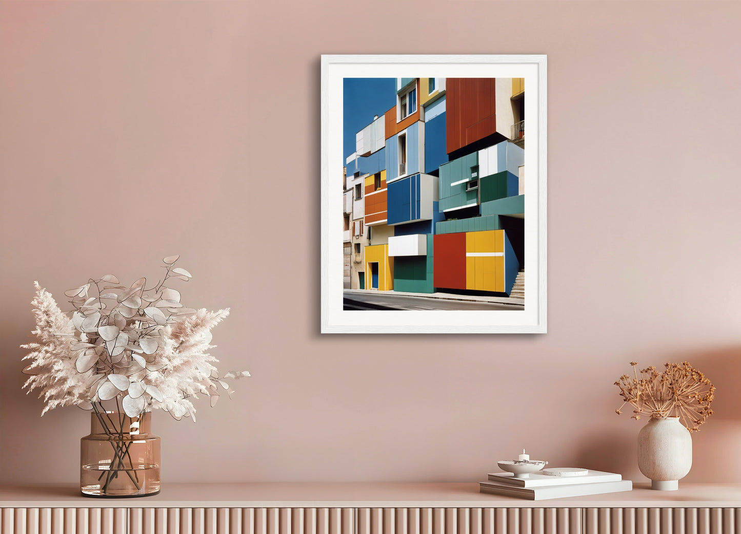 Poster with wood frame: Colorful and abstract images, capturing geometric compositions in landscapes, 