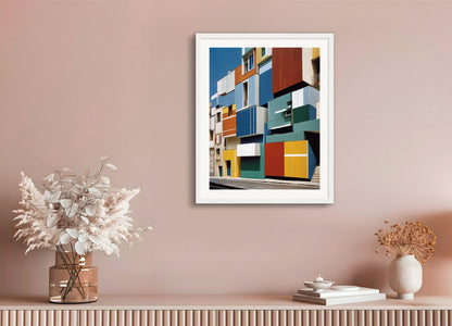 Poster with wood frame: Colorful and abstract images, capturing geometric compositions in landscapes, 