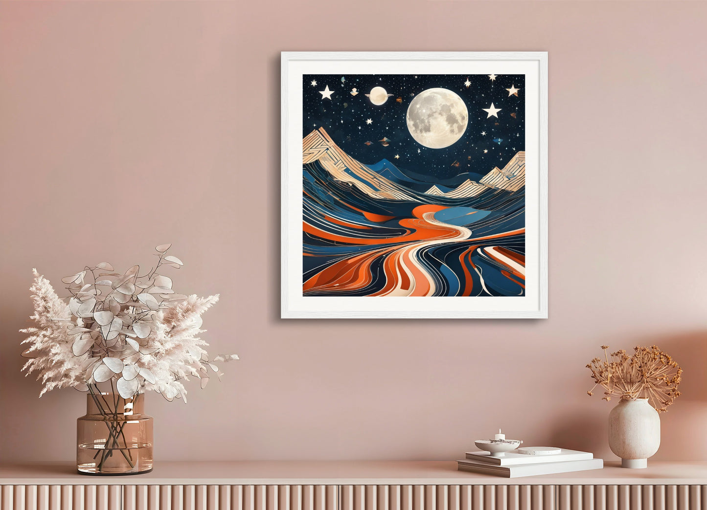 Poster with wood frame: Futurism, Moon and starry sky