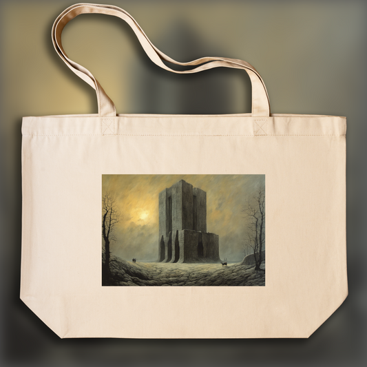 Tote bag - Bande déssinée atmosphérique, sombre et mystique, Brutalist architecture, city - 4013545664