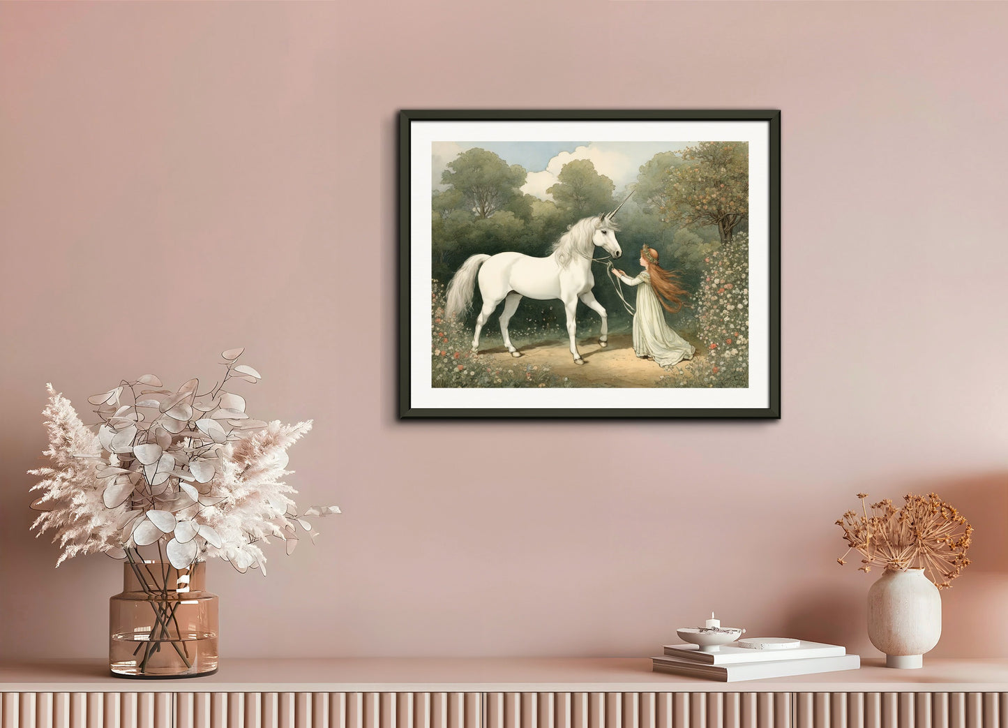 Poster with metal frame: British illustrations, innocent and nostalgic childhood, a unicorn