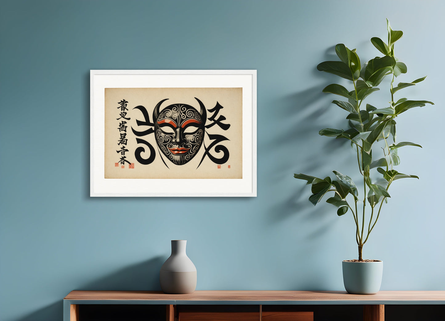 Poster with wood frame: Vintage Japanese calligraphy, Carnival mask