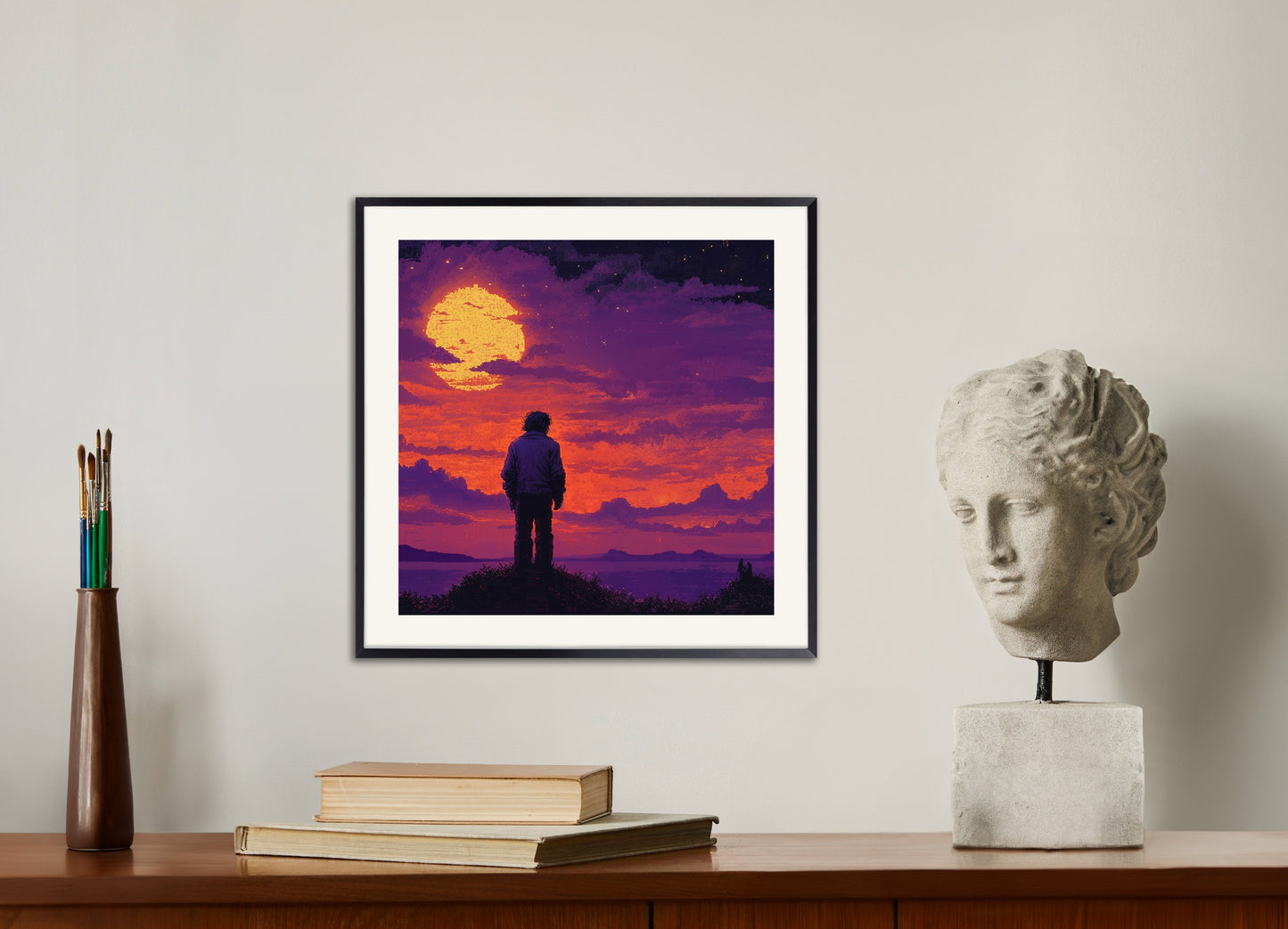 Poster with metal frame: Retro video game, mystical sunset