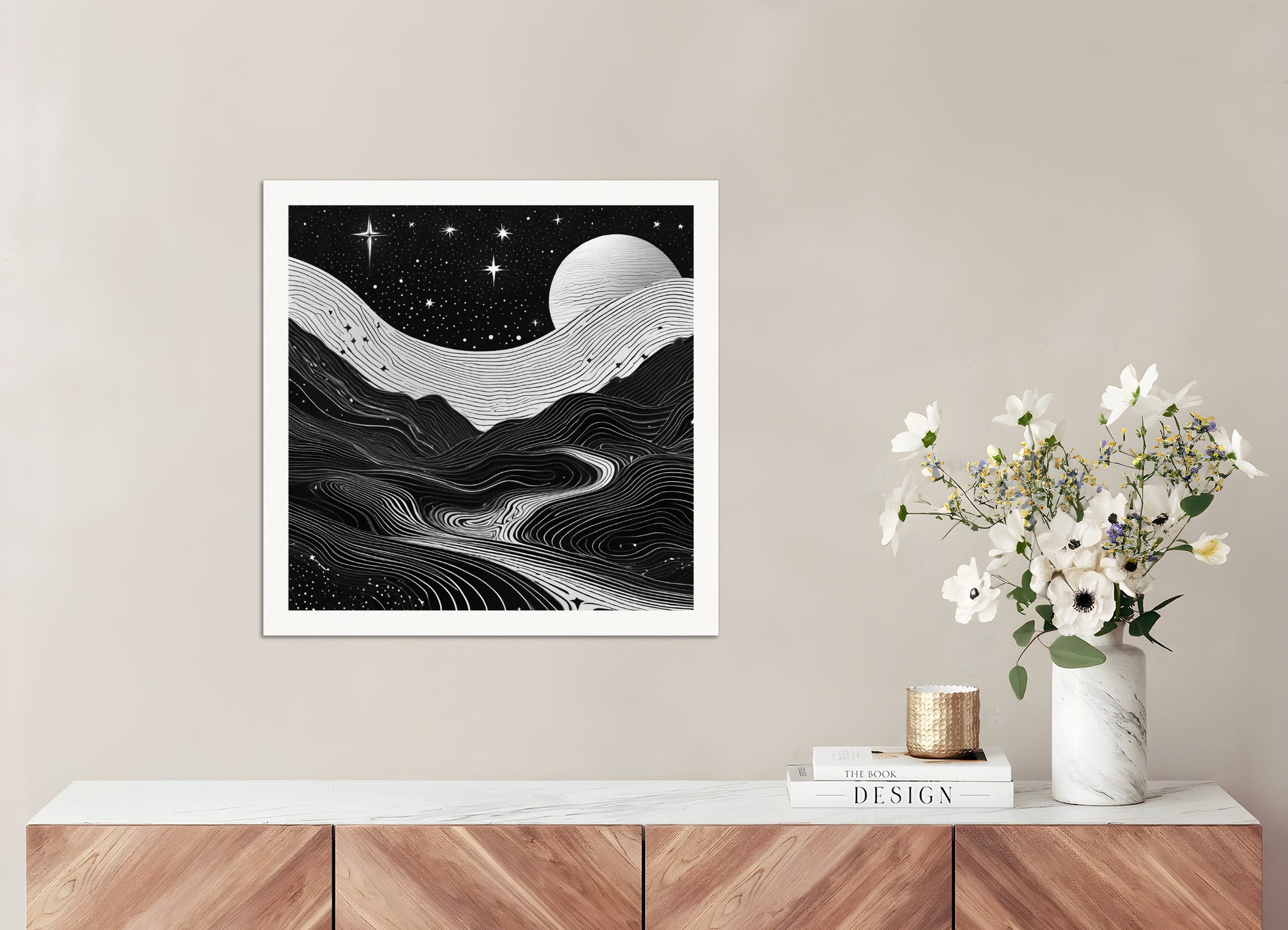 Poster: Monochrome art, topographic lines on a cosmic background, Coffee