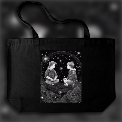 Tote bag - Constellations beautiful drawing, black background, Astrology, twins boys - 3393867059