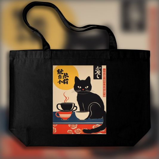 Tote bag - Japanese vintage poster, a black cat drinking coffee - 296803188