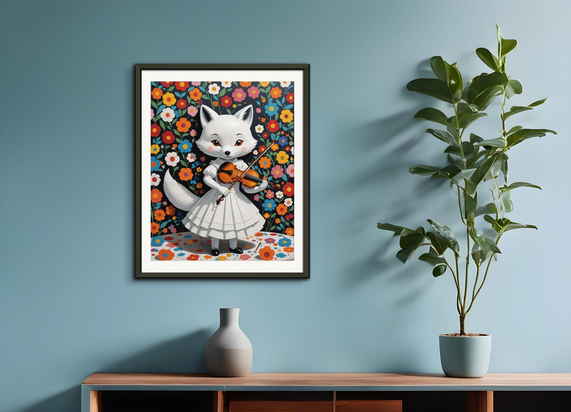 Poster with metal frame: Contemporary Japanese kawaii artist, fox in a white dress plays the violin