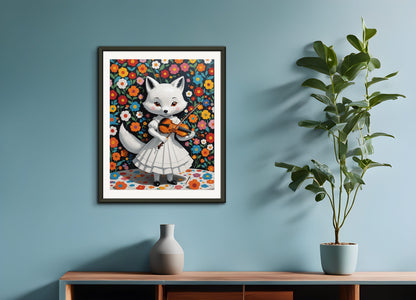 Poster with metal frame: Contemporary Japanese kawaii artist, fox in a white dress plays the violin