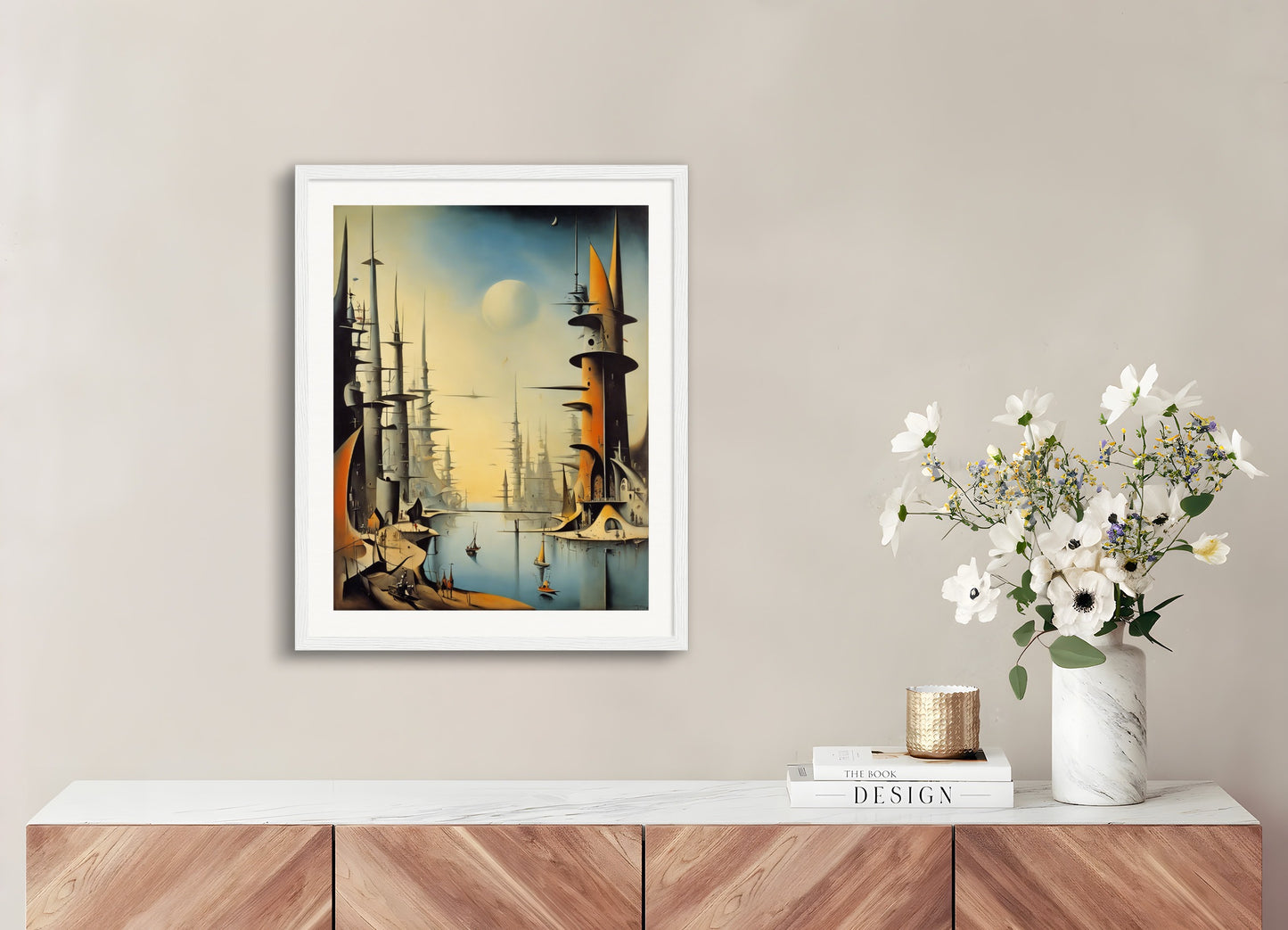 Poster with wood frame: Enigmatic surrealism, Futuristic city