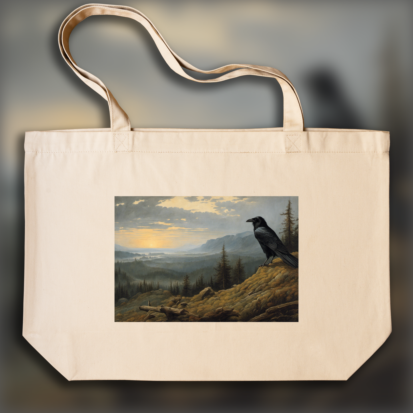 Tote bag - Mesmerizing landscapes invoking spiritual introspection, a crow - 1972741577