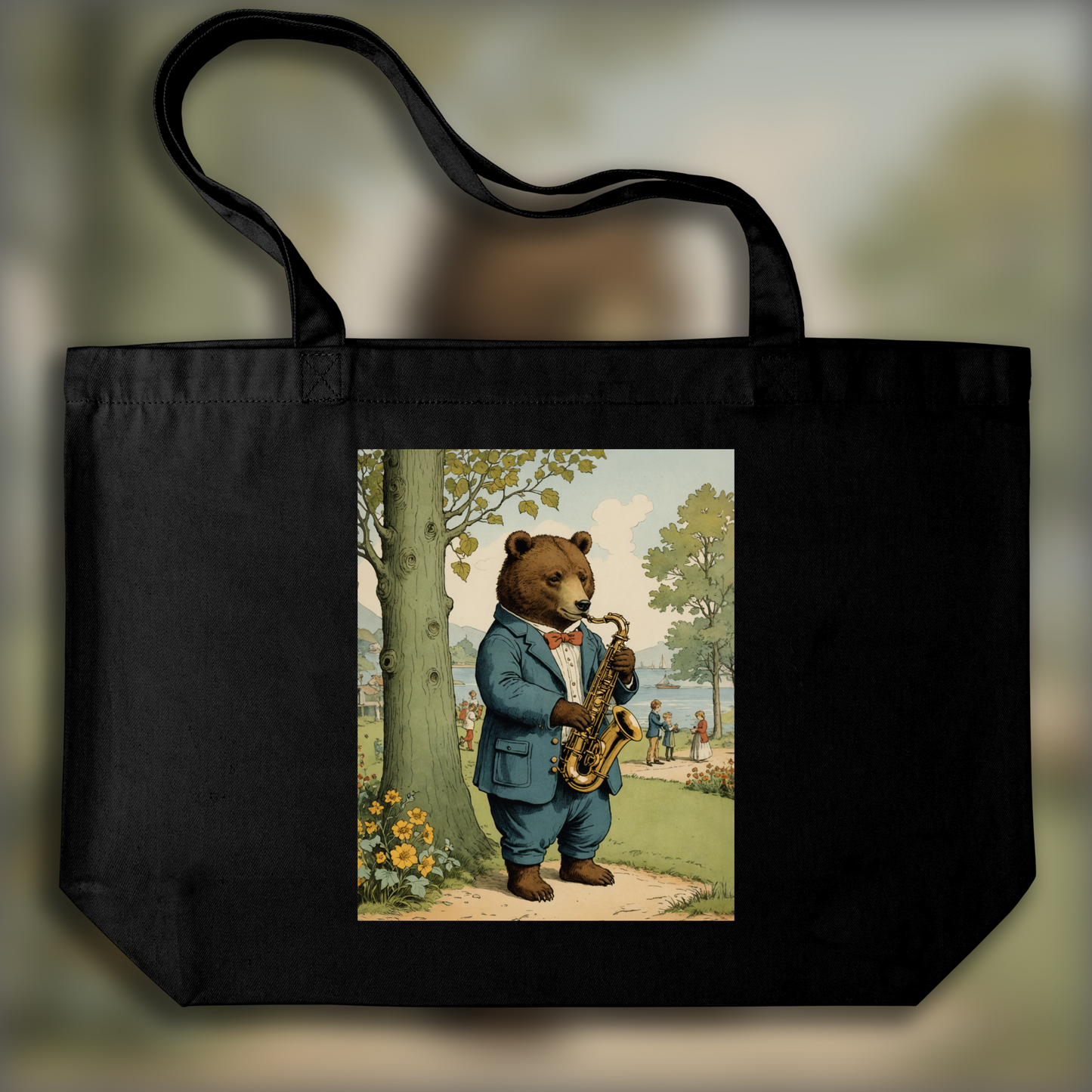 Tote bag - British illustrations, innocent and nostalgic childhood, a bear plays the saxophone - 930151252