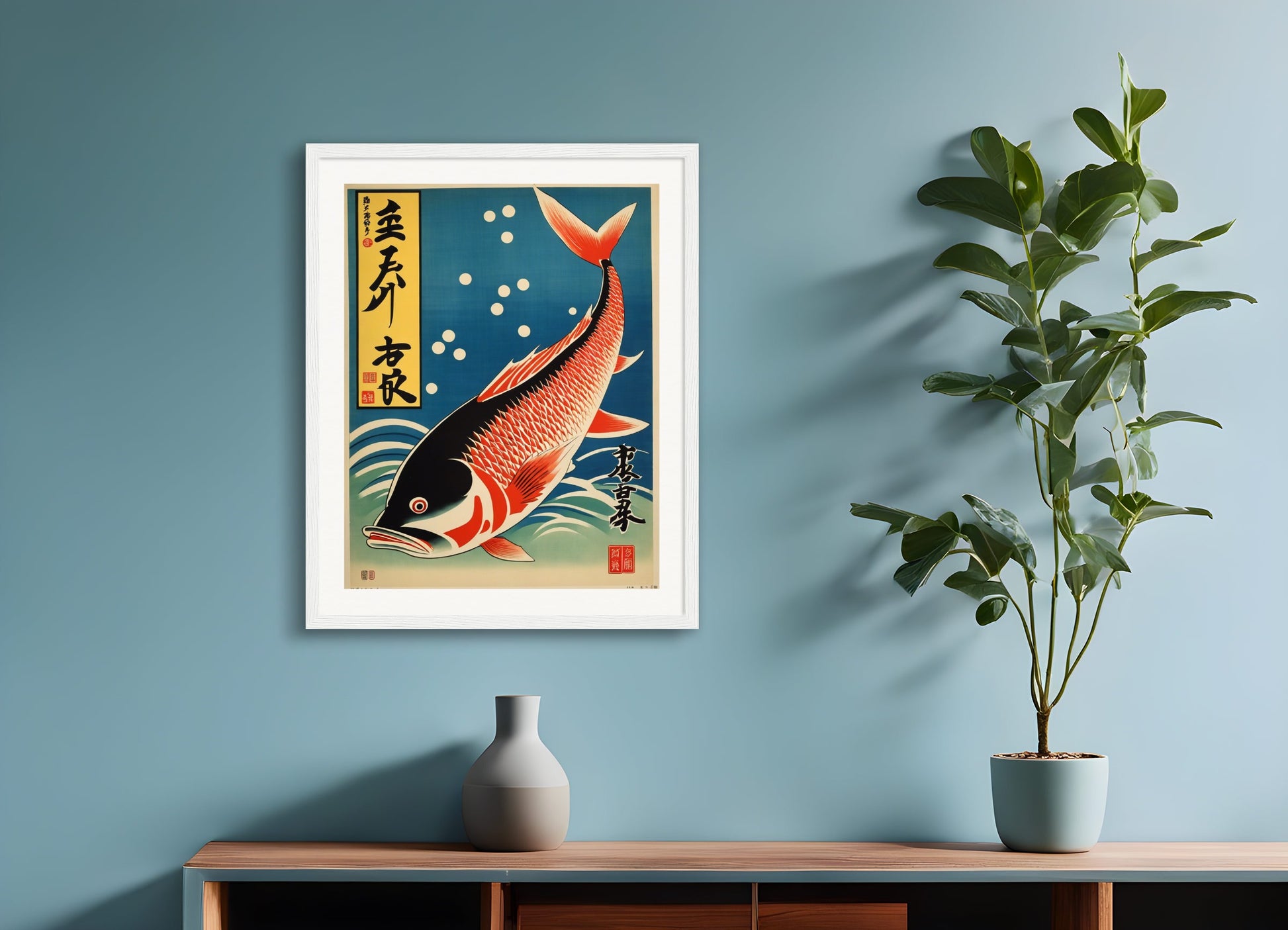 Poster with wood frame: Japanese vintage poster, Fish