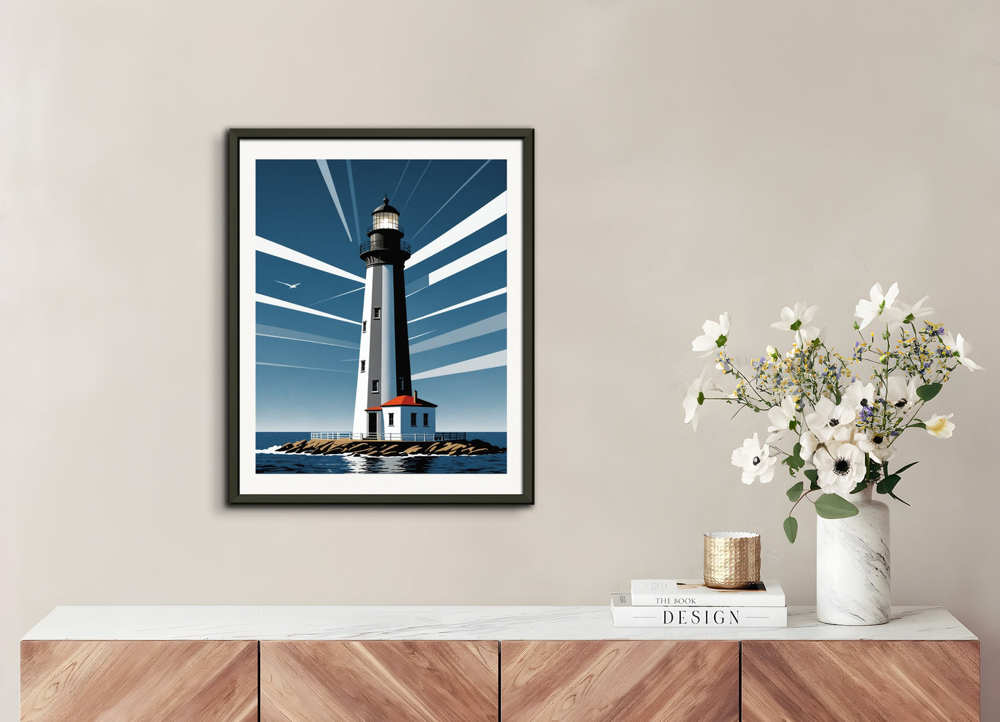 Poster with metal frame: Clean and functional style characterized by the use of geometry, restrained color palettes, Lighthouse