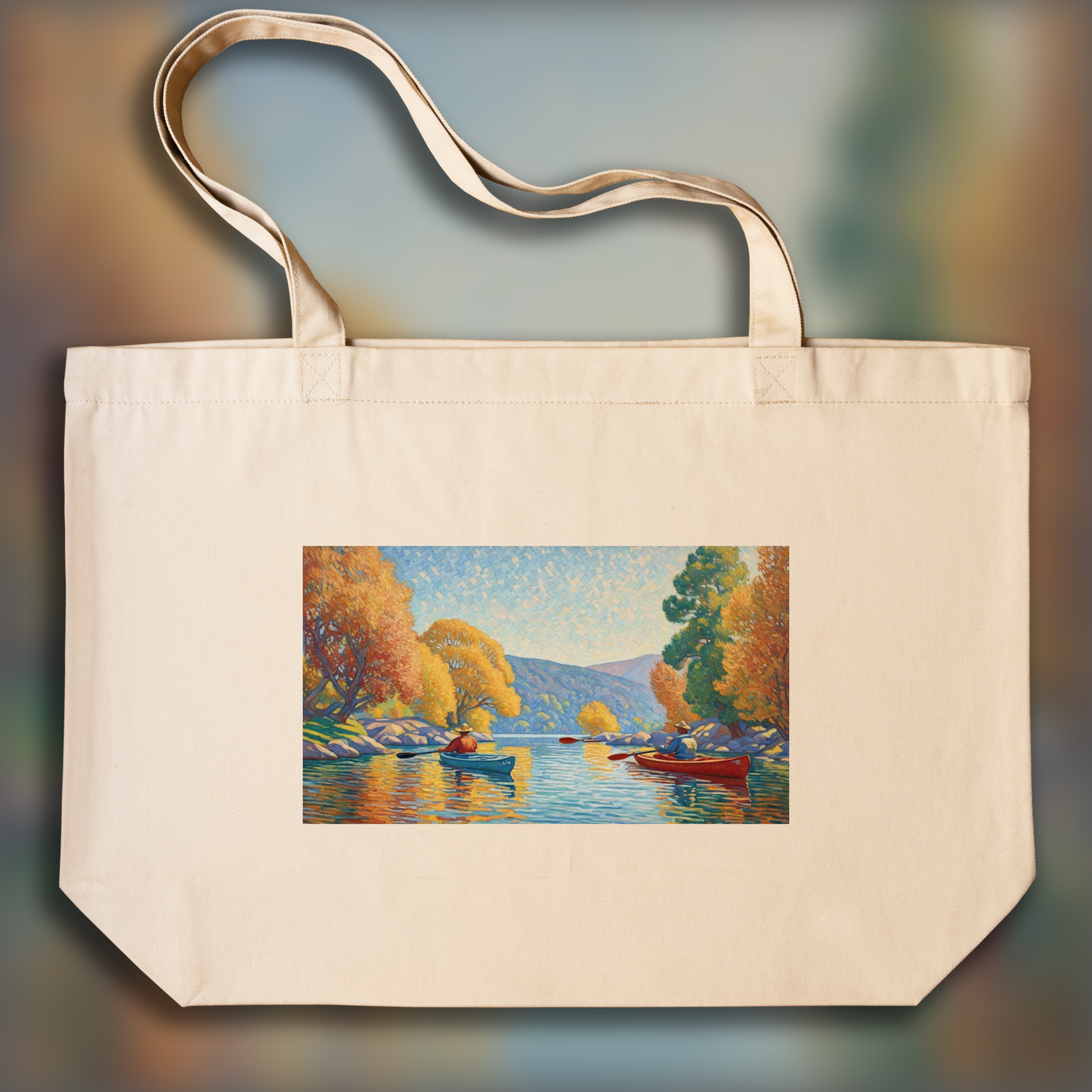 Tote bag - Pointillisme français minutieux et harmonie de couleurs, Kayak - 2732408707