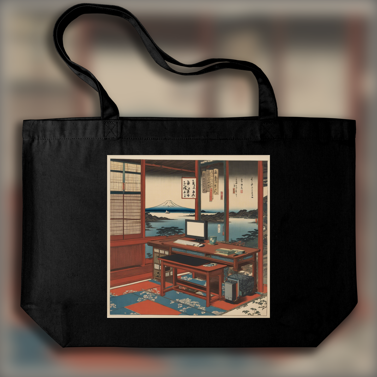 Tote bag - Vues poétiques ukiyo-e, moments fugaces, a computer on a table - 204780258