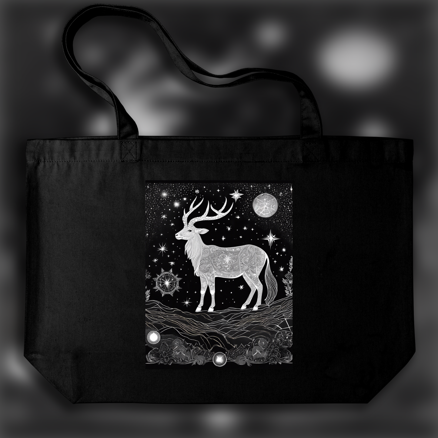 Tote bag - Constellations beautiful drawing, black background, astrology, capricorn sign - 3486642870