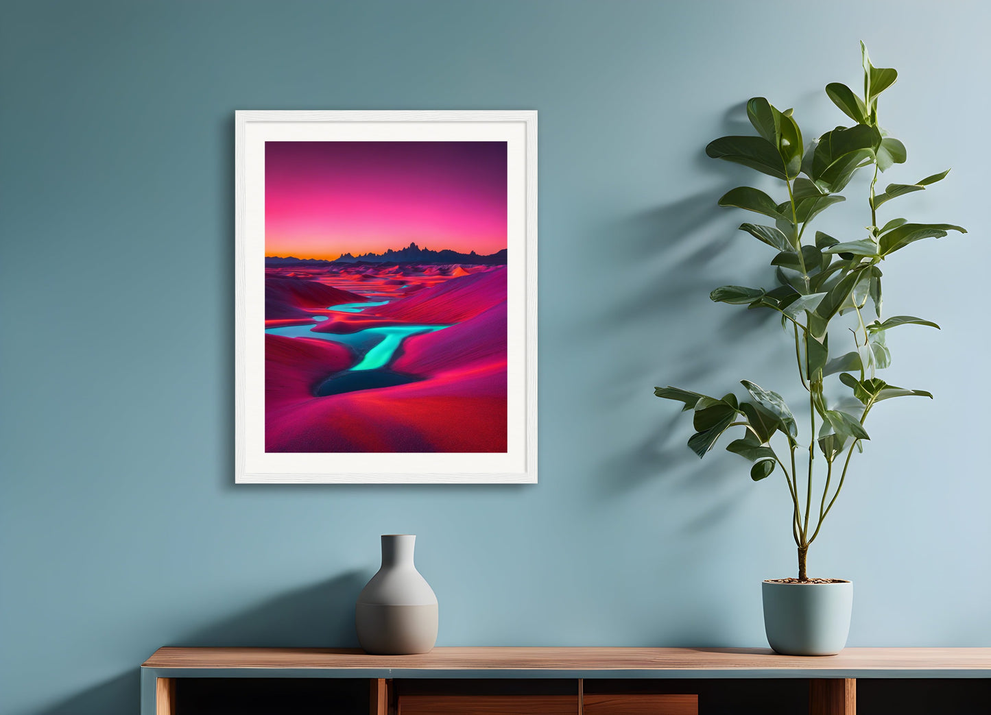 Poster with wood frame: Luminescent neon photolab, Exoplanet landscape