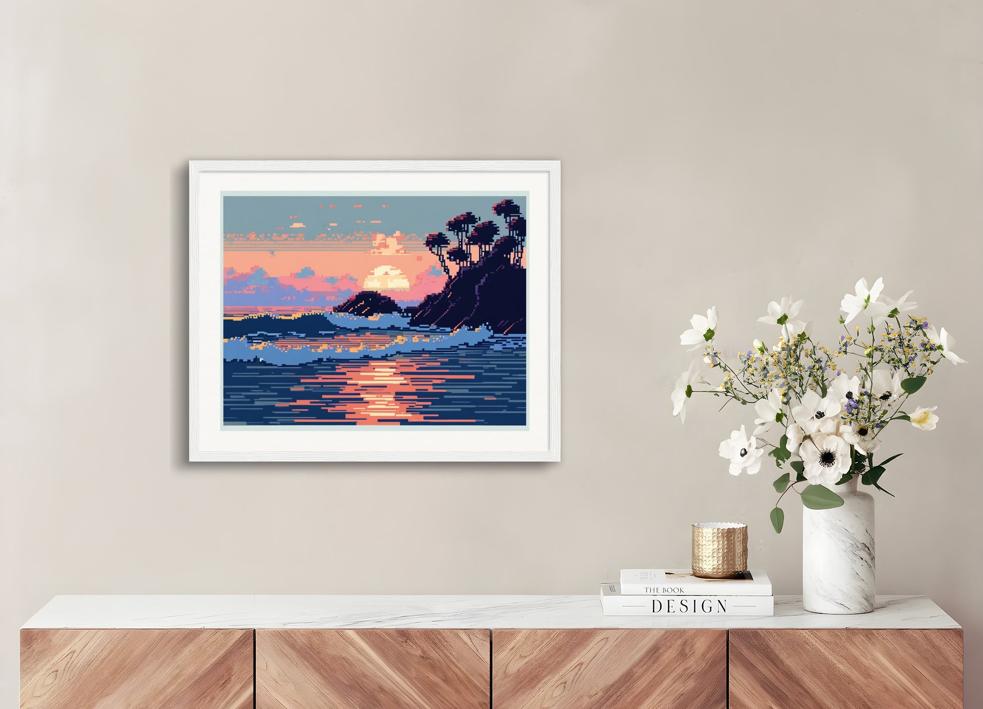 Poster with wood frame: Pixel Art, Ocean