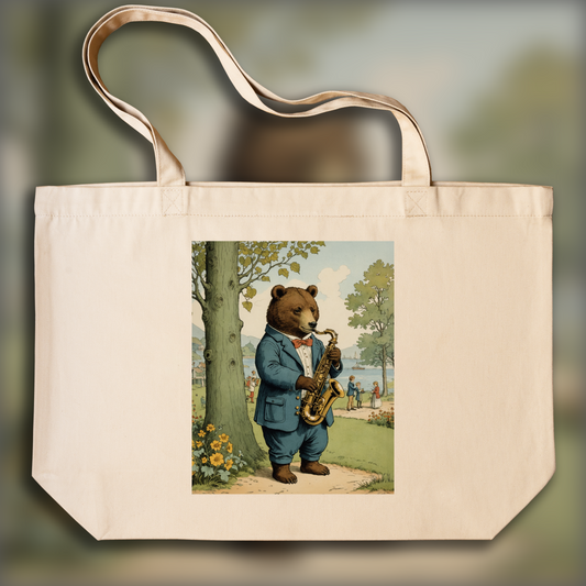 Tote bag - British illustrations, innocent and nostalgic childhood, a bear plays the saxophone - 930151252