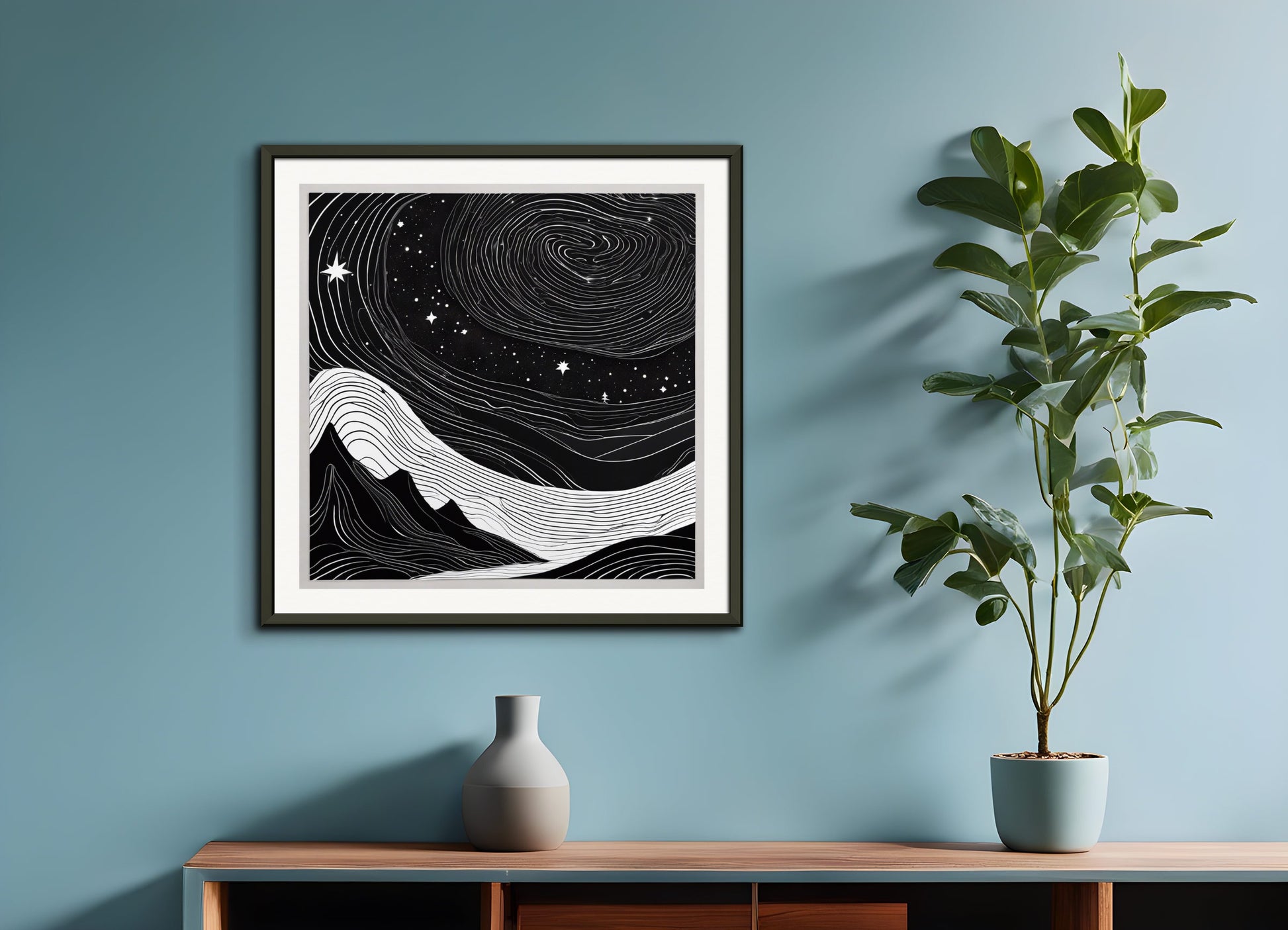 Poster with metal frame: Monochrome art, topographic lines on a cosmic background, Coffee