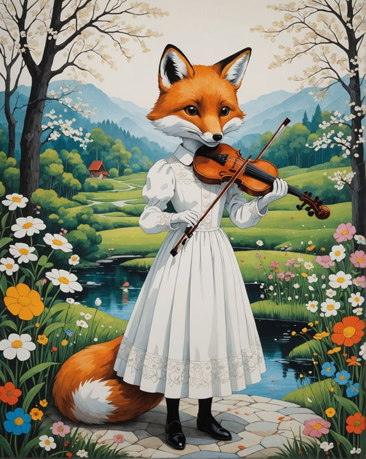 Image - Artiste contemporain japonais kawaï, renard dans une robe blanche joue du violon - 1722897792