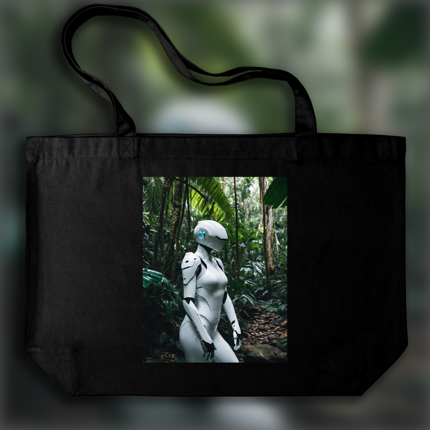 Tote bag - Realistic photography, a white ghost in the shell cyborg in the Seychelles jungle - 2792670358