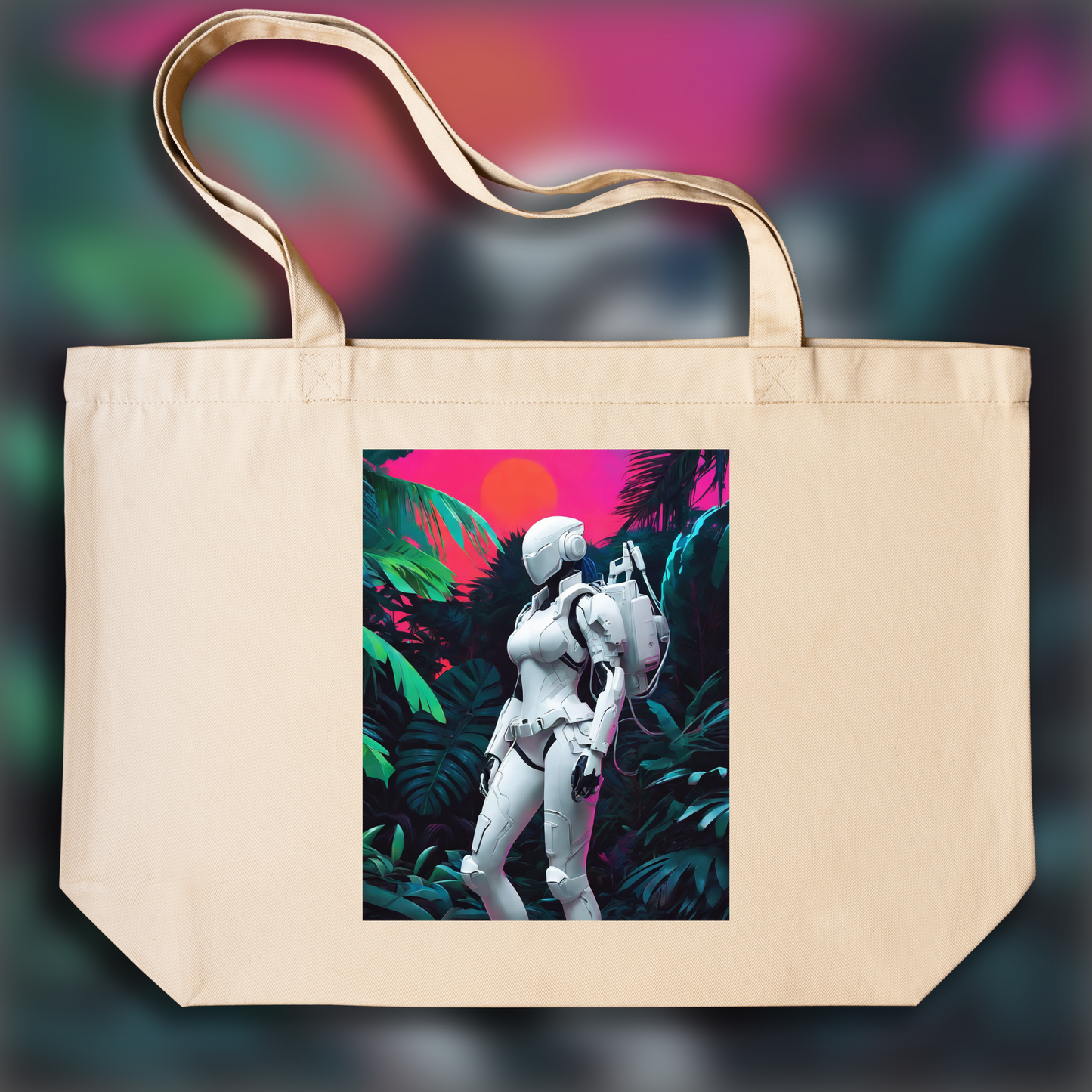 Tote bag - Neon punk, a white ghost in the shell cyborg in the Seychelles jungle - 2131885836