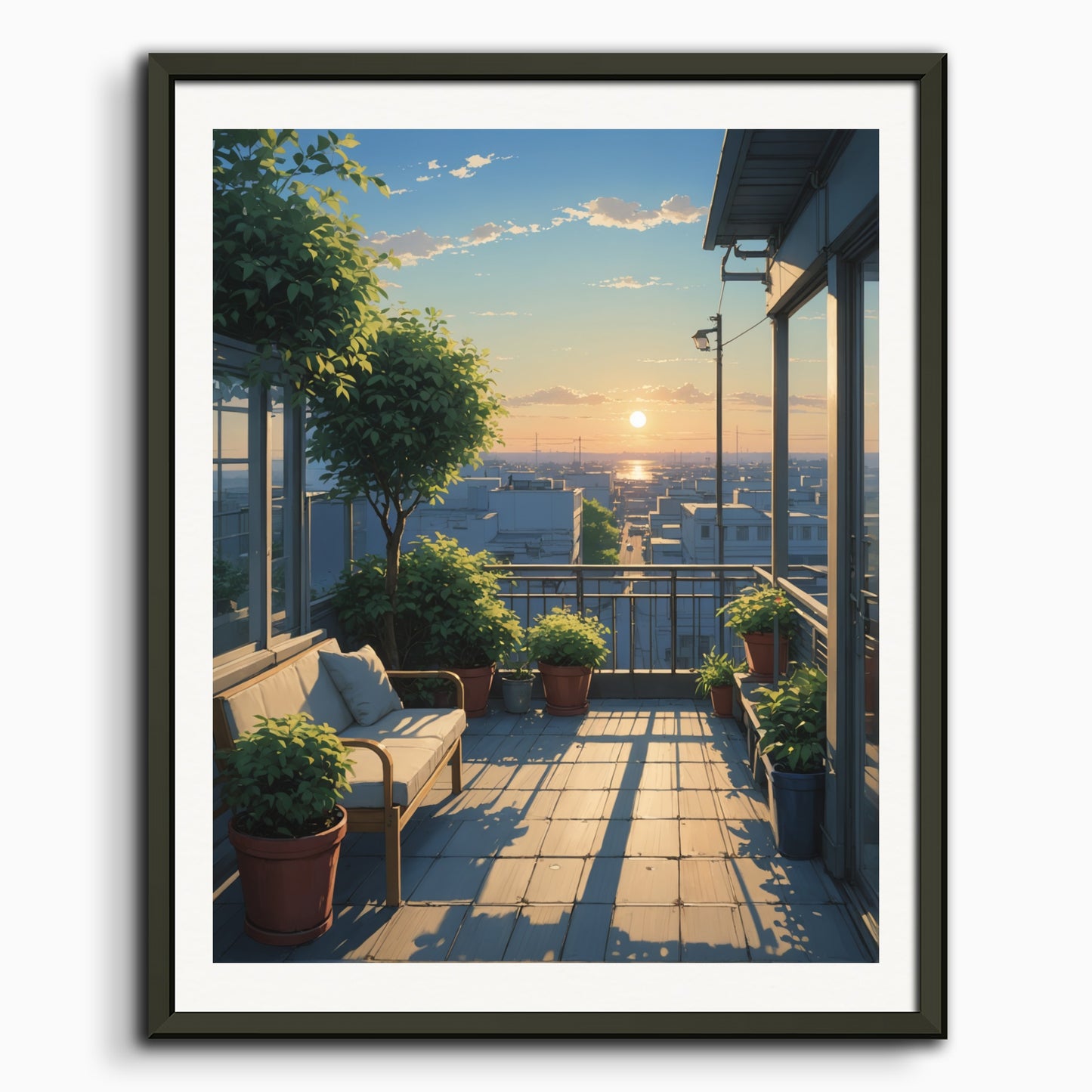 Poster: Japanese contemporary anime, A quiet terrace, setting sun