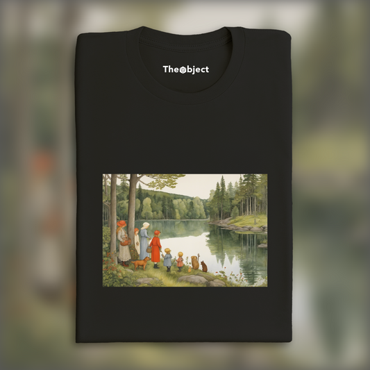 T-Shirt - Illustration capturing the wonder and delicacy of childhood, A family near a lake, a forest - 656835157