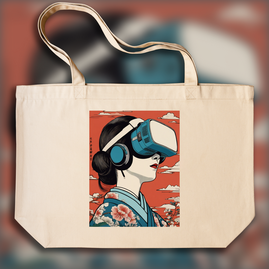 Tote bag - Poetic ukiyo-e views, fleeting moments, close up of a women with a virtual reality headset - 146381944