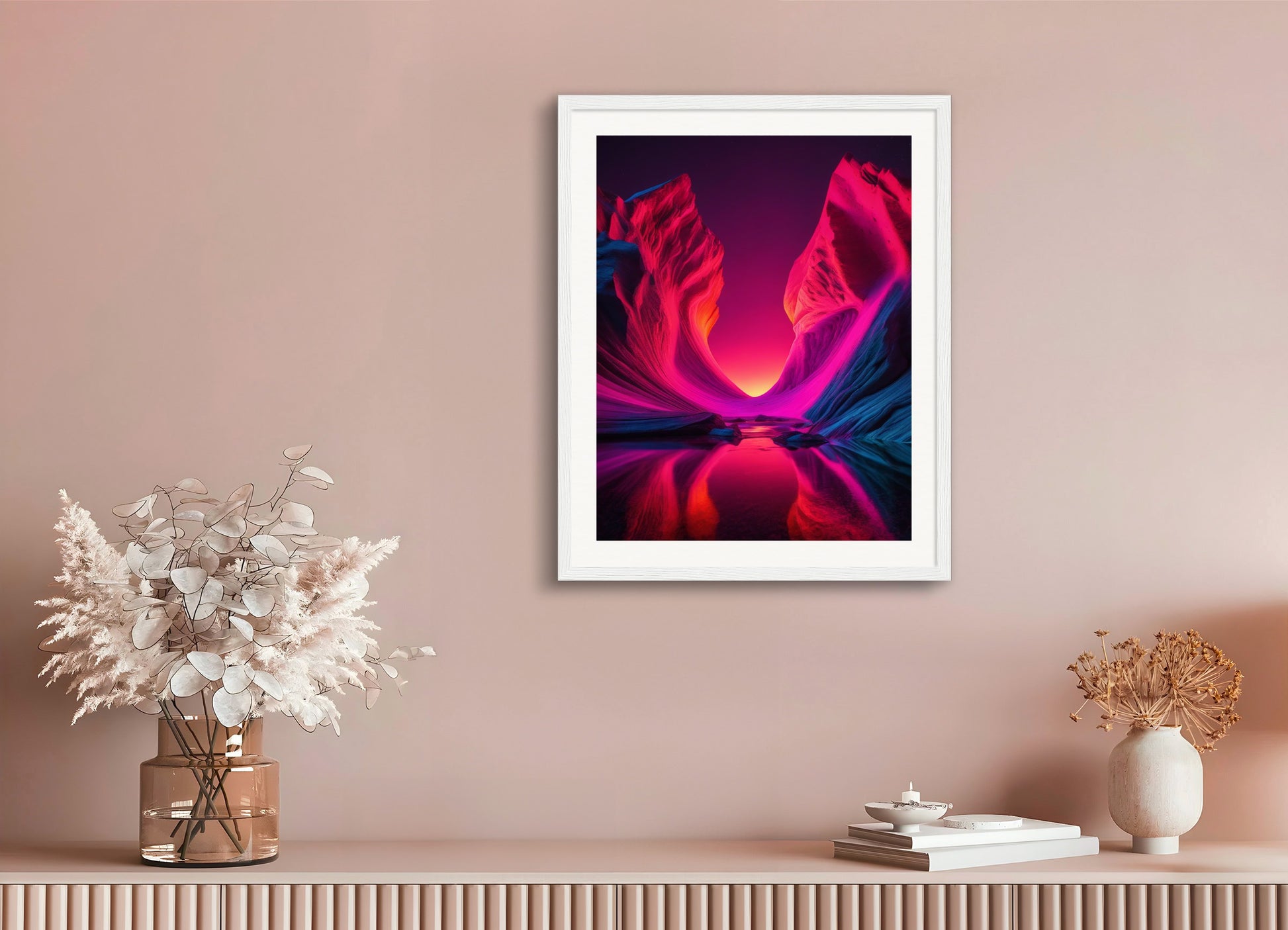 Poster with wood frame: Luminescent neon photolab, Exoplanet landscape