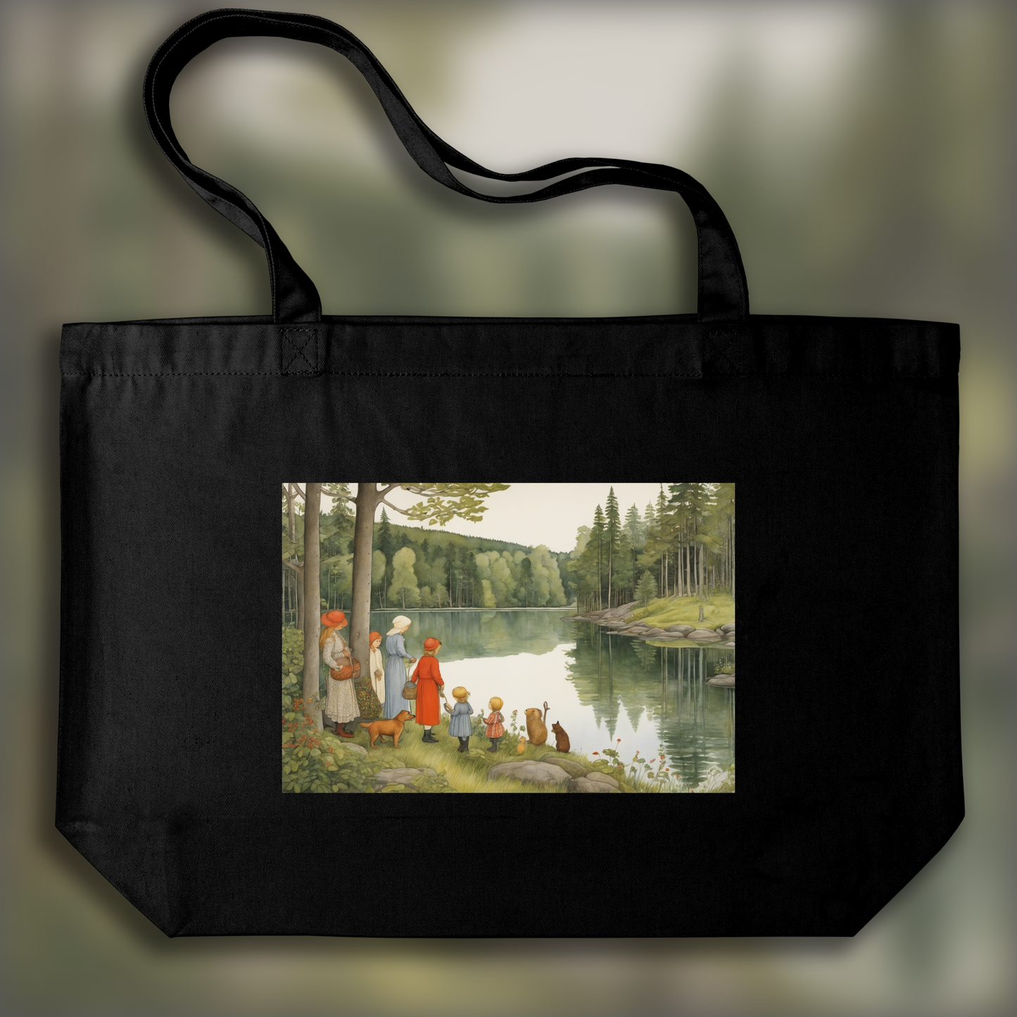 Tote bag - Elsa Beskow, A family near a lake, a forest - 656835157