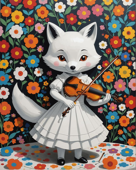 Image - Artiste contemporain japonais kawaï, renard dans une robe blanche joue du violon - 176679951