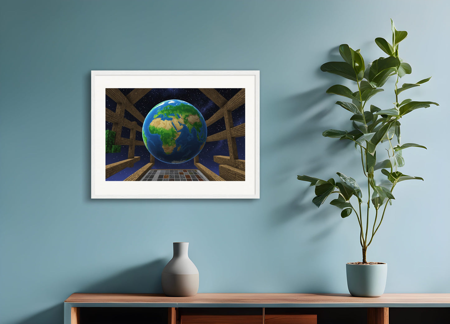 Poster with wood frame: Minecraft, the globe in space