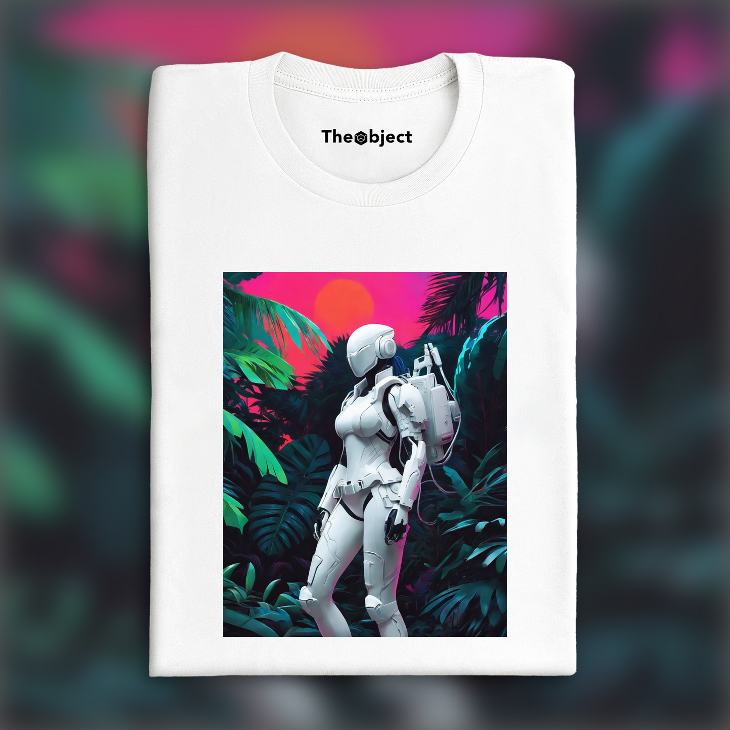 T-Shirt - Neon punk, a white ghost in the shell cyborg in the Seychelles jungle - 2131885836