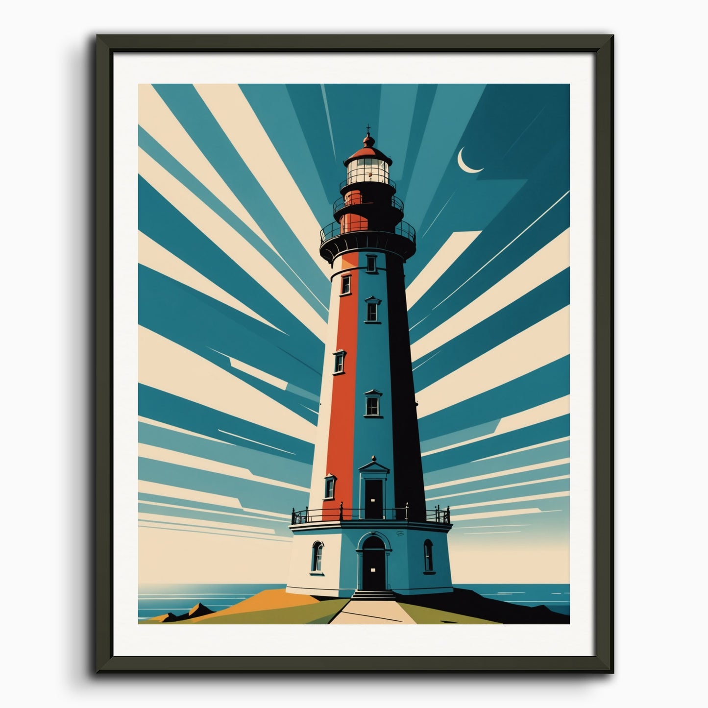 Poster: Clean and functional style characterized by the use of geometry, restrained color palettes, Lighthouse