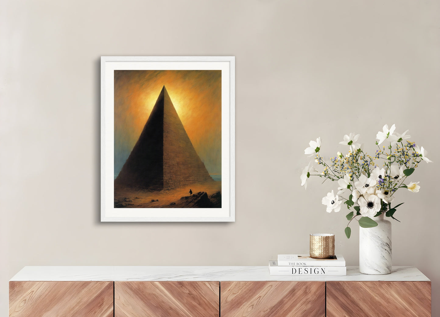 Poster with wood frame: Illustration of deinforced, atmospheric, dark and mystical band illustration, Pyramid