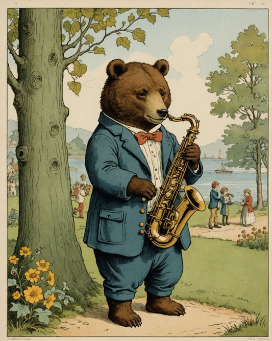 Image - Illustrations britanniques, enfance innocente et nostalgique, un ours joue du saxophone - 930151252