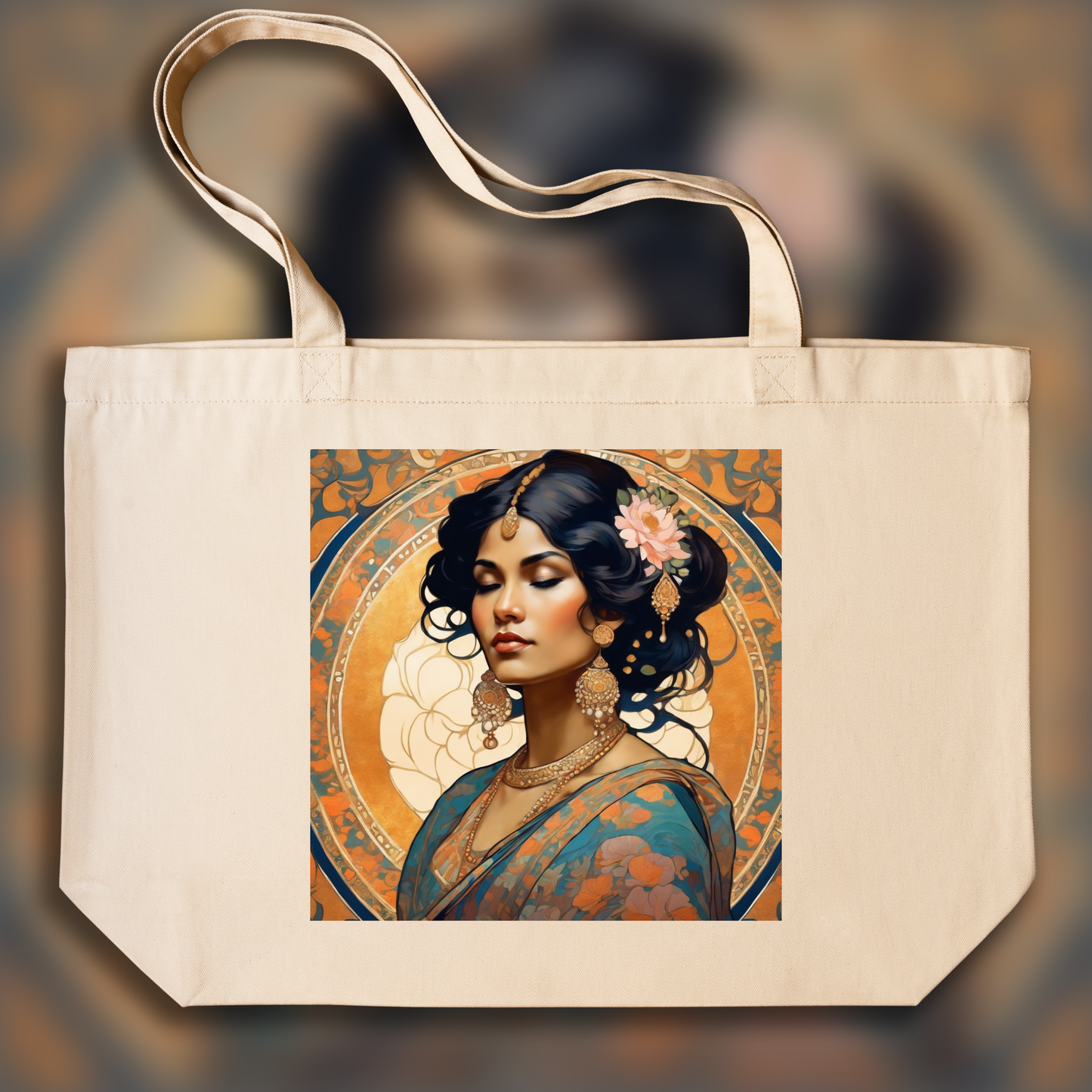 Tote bag - Klimt rococo Mucha , Indian woman in sari portrait from side in the style of demure vintage Japanese  - 698678321