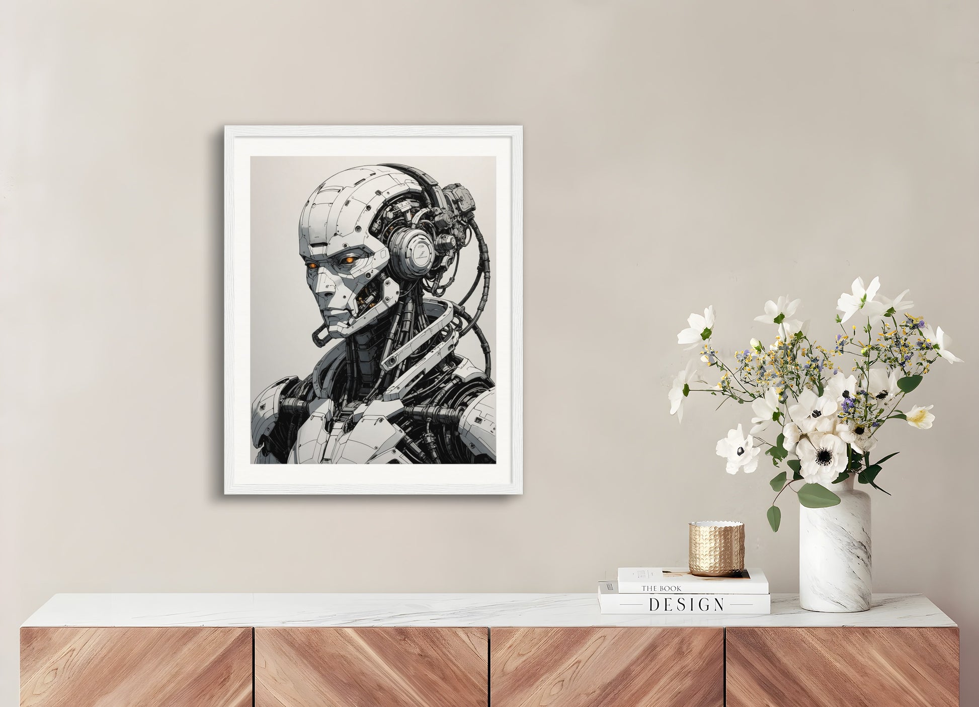 Poster with wood frame: Contemporary black cyberpunk manga, Cyborg