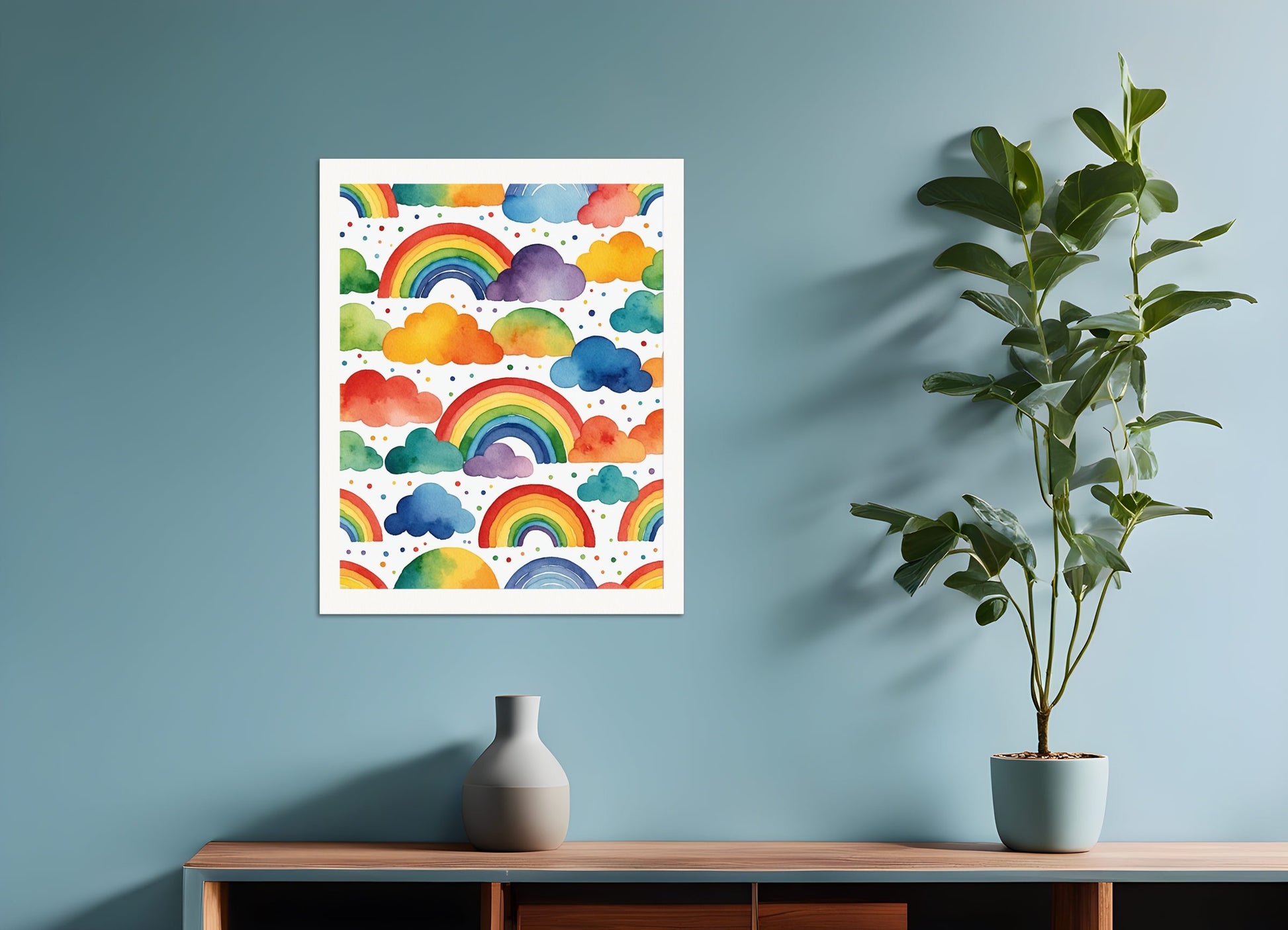 Poster: Childish watercolor, rainbow on white background