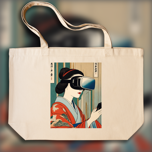 Tote bag - Vues poétiques ukiyo-e, moments fugaces, close up of a women with a virtual reality headset - 1903864258