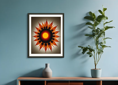 Poster with metal frame: Style centered on light and repetitive structures that explore the phenomena of perception and movement dynamics, Sun