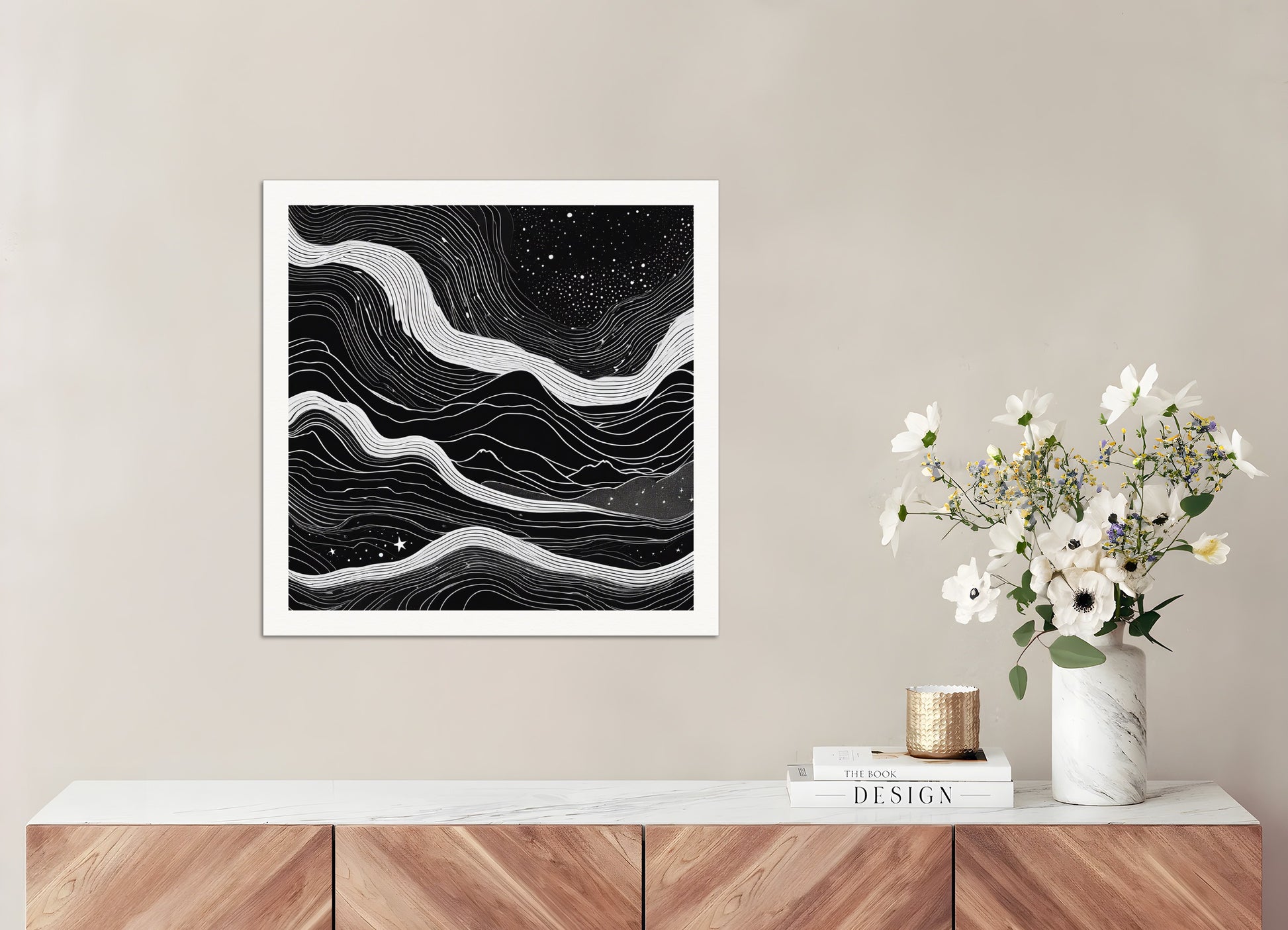 Poster: Monochrome art, topographic lines on a cosmic background, Coffee