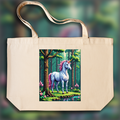 Tote bag - Pixel art, Licorne dans la forêt magique - 1380039329