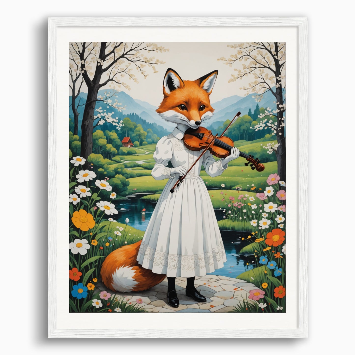 Poster: Contemporary Japanese kawaii artist, fox in a white dress plays the violin