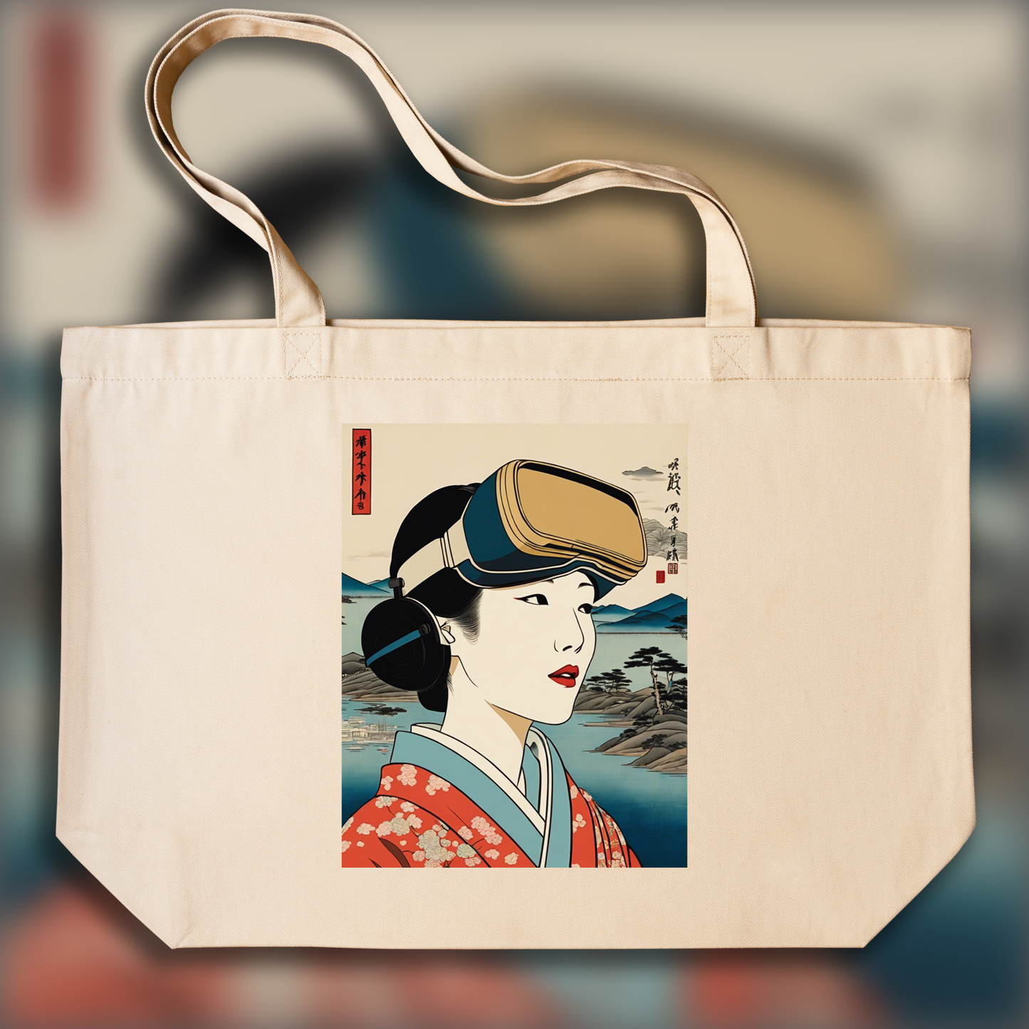 Tote bag - Poetic ukiyo-e views, fleeting moments, close up of a women with a virtual reality headset - 1854572671