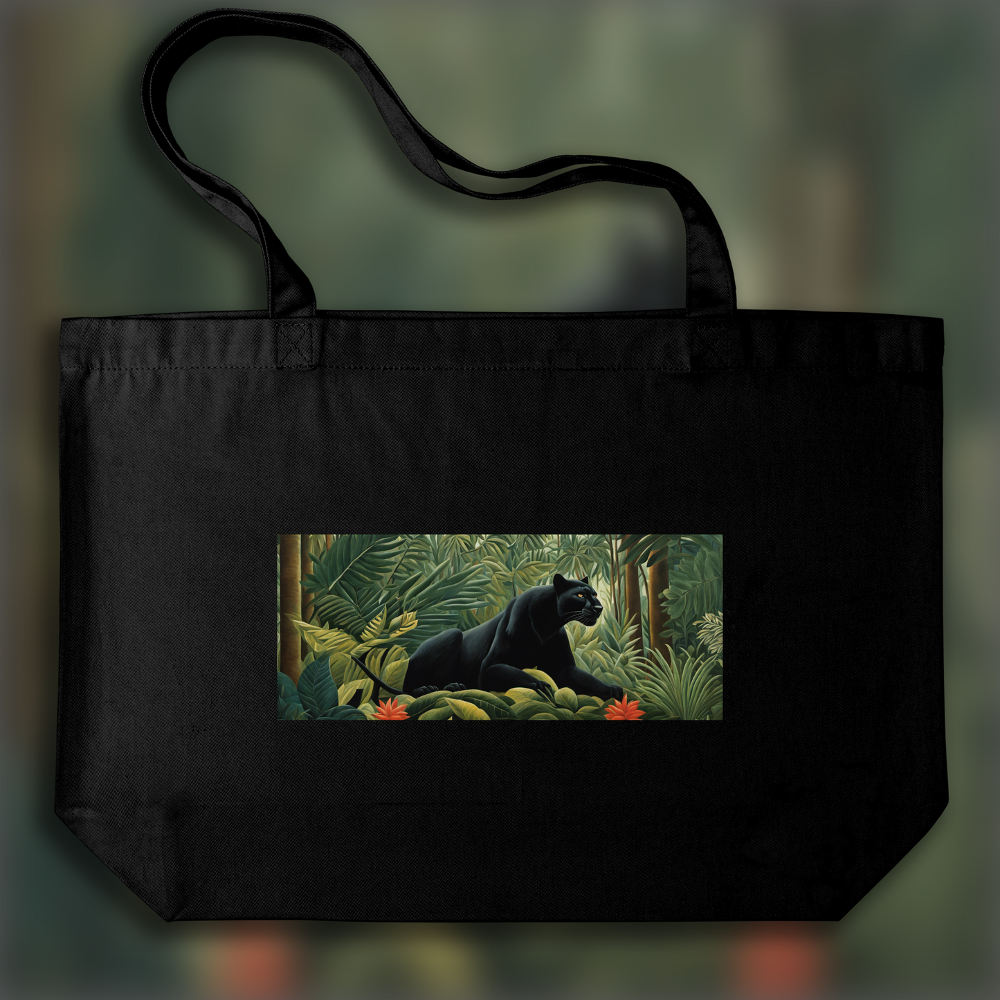 Tote bag - Dreamlike and naive jungles with fanciful precision, a fierce black panther in the jungle, close-up - 2977319408